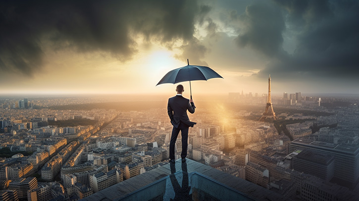 Homme debout avec un parapluie devant une vue de Paris